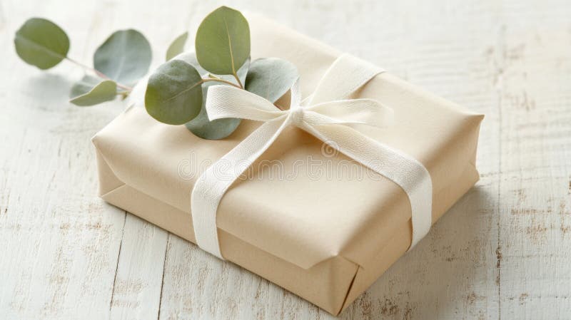 A small, elegantly wrapped gift box in beige tones with a picture stock photo