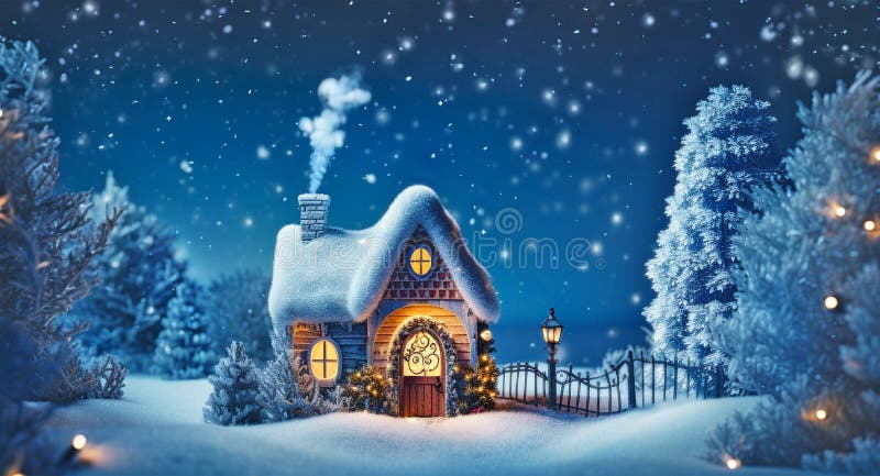 small fairy tale cottage in a winter snow covered forest illustration, Christmas background with woodland house made by gnomes