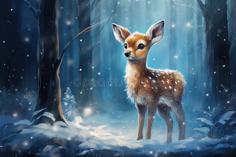 small white fawn, blue metallic sparkles, snow in a forest scene AI generated. small white fawn, blue metallic sparkles, snow in a forest scene AI generated