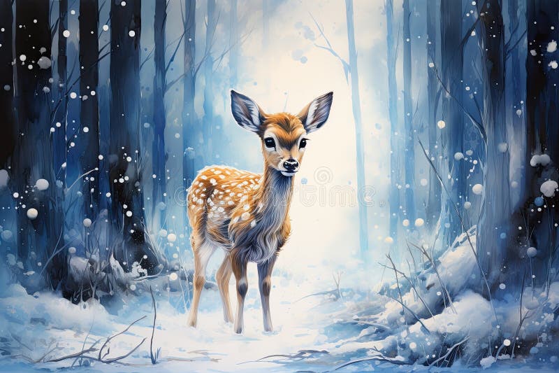 winter illustration showcasing a fluffy white fawn with blue metallic sparkles, observed from the side in a wide shot amid blowing snow in a hand-drawn forest setting AI generated. winter illustration showcasing a fluffy white fawn with blue metallic sparkles, observed from the side in a wide shot amid blowing snow in a hand-drawn forest setting AI generated