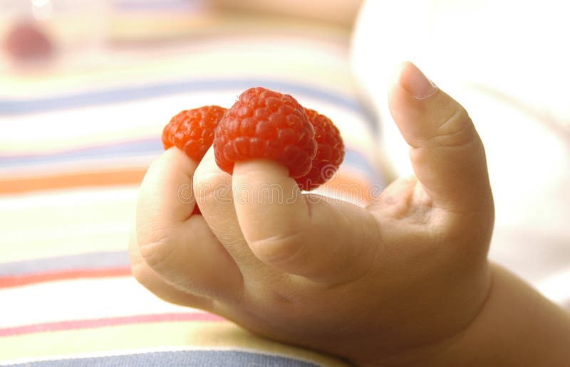 Small fingers with raspberries on them