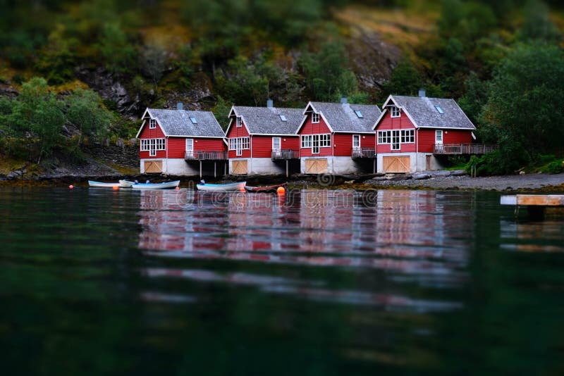 Small Fish Boat Houses At Flam, Norway. Tilt Shift Effect 