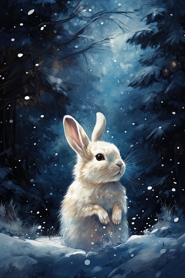Illustration of a side view of a small fluffy white rabbit with blue metallic sparkles, captured in a very wide shot amid blowing snow in a hand-drawn forest AI generated. Illustration of a side view of a small fluffy white rabbit with blue metallic sparkles, captured in a very wide shot amid blowing snow in a hand-drawn forest AI generated