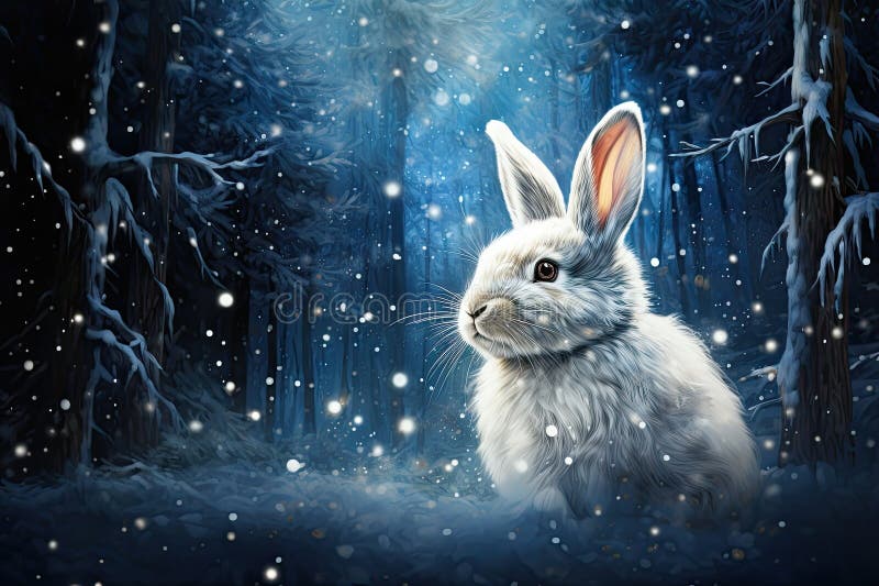 Small white rabbit with blue metallic sparkles, seen from the side in a wide shot with snow blowing in a hand-drawn forest scene AI generated. Small white rabbit with blue metallic sparkles, seen from the side in a wide shot with snow blowing in a hand-drawn forest scene AI generated