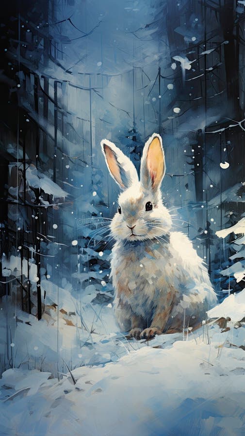 Small white rabbit with blue metallic sparkles, seen from the side in a wide shot with snow blowing in forest scene AI generated. Small white rabbit with blue metallic sparkles, seen from the side in a wide shot with snow blowing in forest scene AI generated