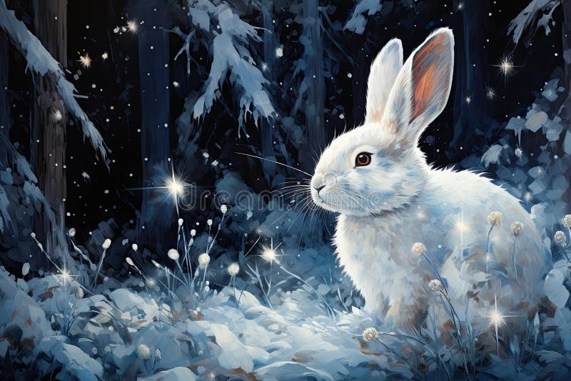 A wide shot illustration of a small fluffy white rabbit, adorned with blue metallic sparkles, set against a hand-drawn backdrop of blowing snow in a forest scene AI generated. A wide shot illustration of a small fluffy white rabbit, adorned with blue metallic sparkles, set against a hand-drawn backdrop of blowing snow in a forest scene AI generated
