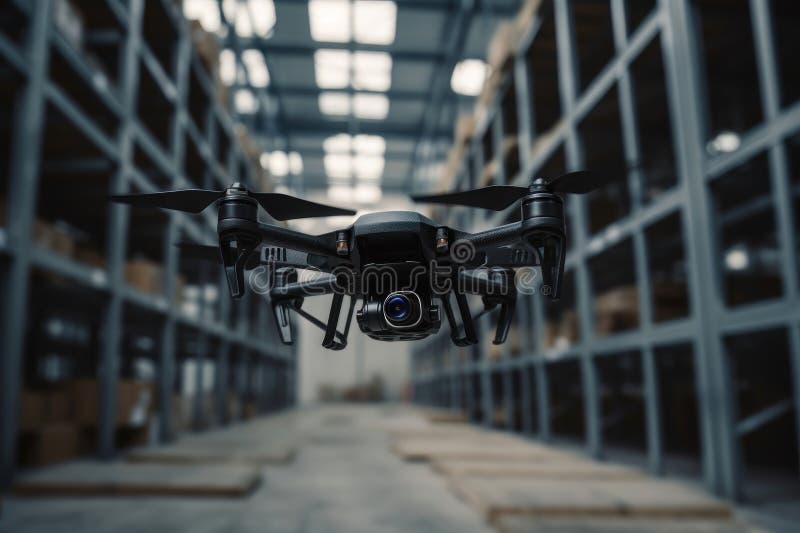 Small Fpv Drone Flying through a Warehouse. AI Generated Stock