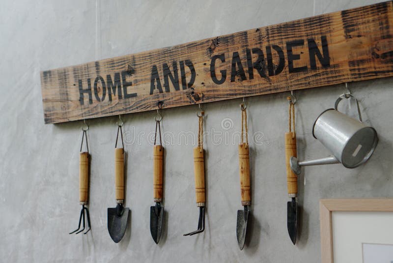 Small Garden Tools Hanging on the Wall Stock Image Image of concrete