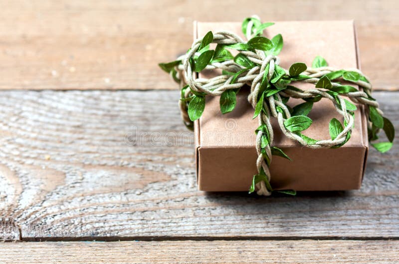 Small gift box in eco-style. Copy space