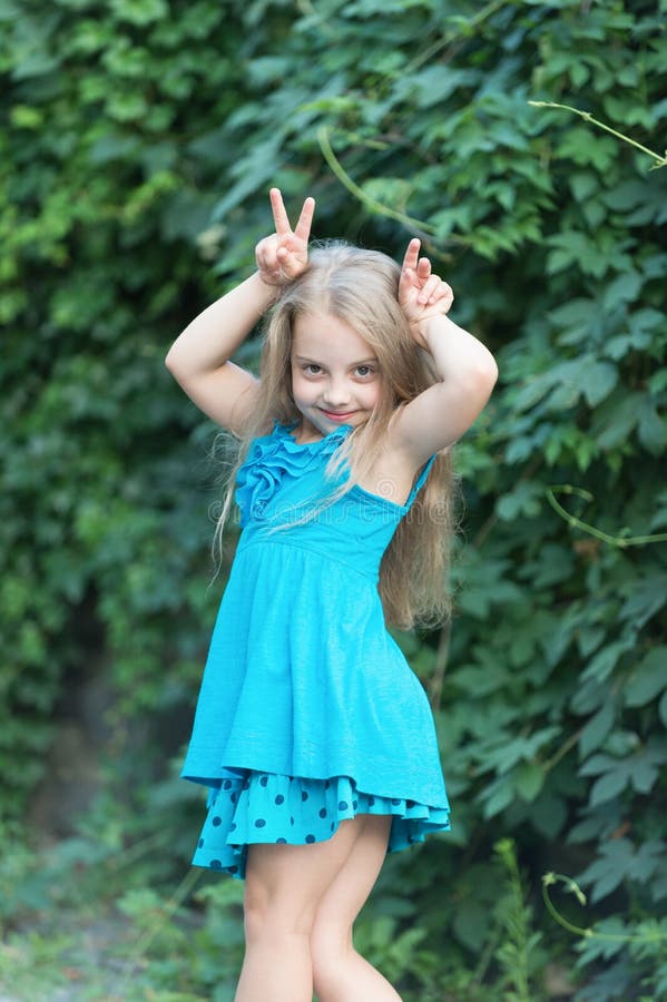 Small Girl with Long Hair Smile with Horns Hands, Beauty Stock Image ...