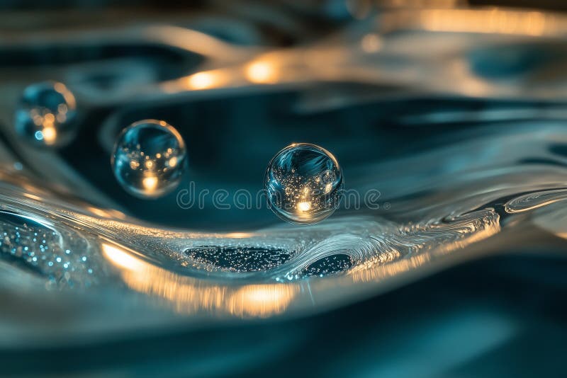 Small glowing spheres float in a surreal environment resembling inverted gravity wells stock images