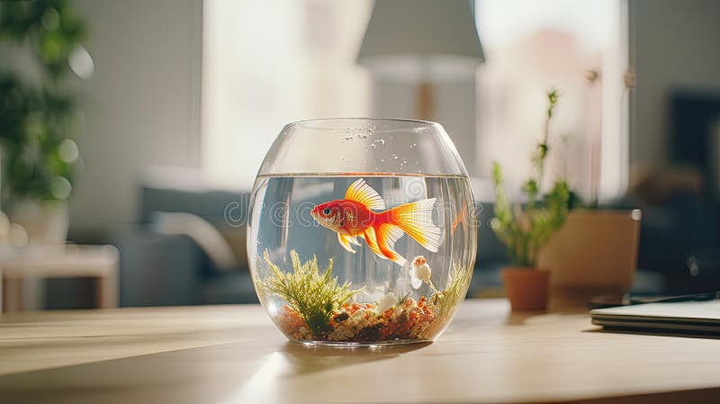 A Small Goldfish Aquarium Placed on a Wooden Table in a Well-lit