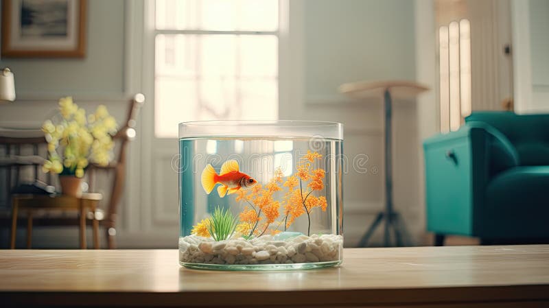 A Small Goldfish Aquarium Placed on a Wooden Table in a Well-lit Living  Room with White Walls, Showcasing a Clean and Stock Photo - Image of  generated, design: 294530612