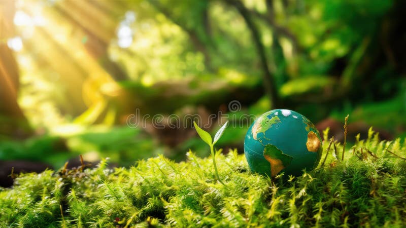 A small green globe sitting on top of a lush grassy field, AI royalty free stock photography