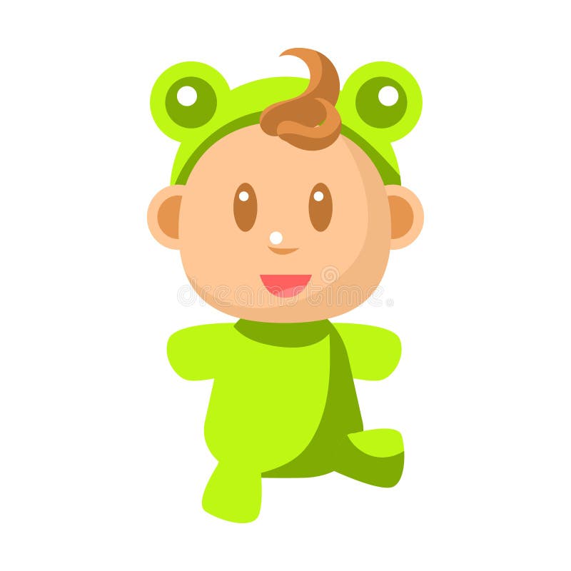 Small Happy Baby Walking In Green Frog Costume Vector Simple Illustrations With Cute Infant