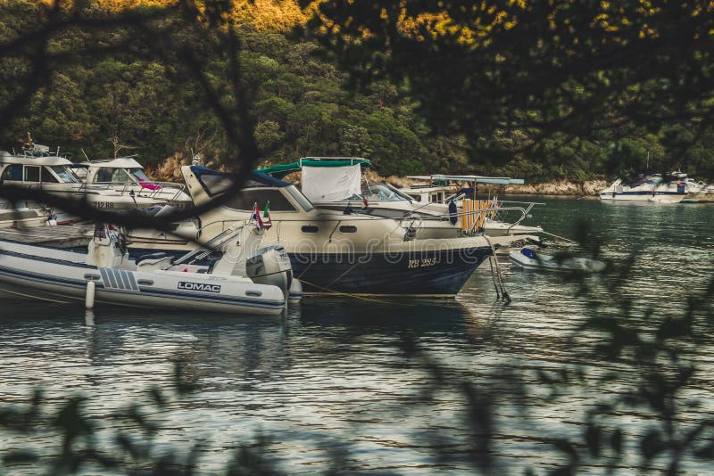 Small harbor on a beautiful island with bright sunshine stock photo