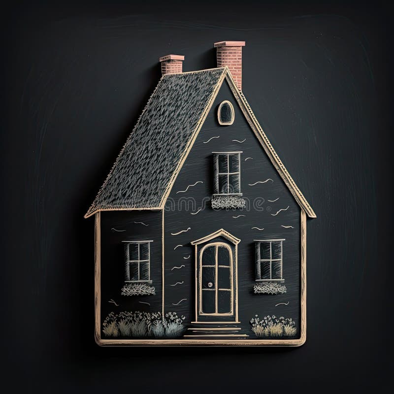 House, Chalk Drawing on Blackboard, Generative AI Stock Illustration