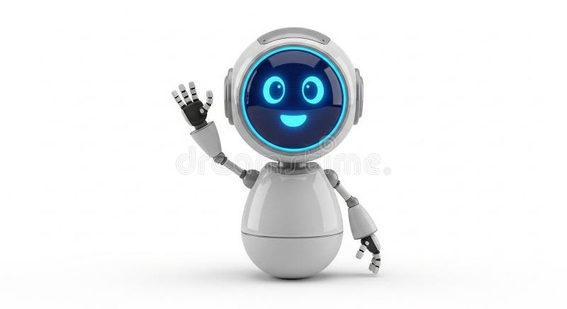A small humanoid robot features a spherical head with a blue digital face stock illustration
