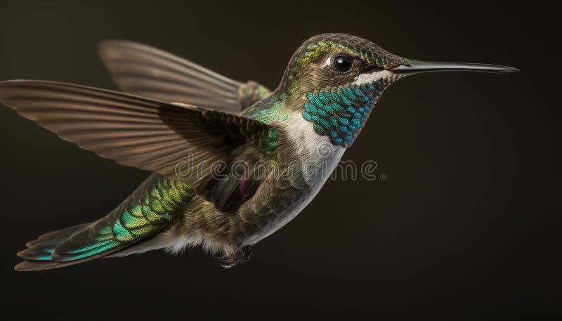 Small iridescent hummingbird hovering mid air, flapping wings in motion generated by AI stock illustration
