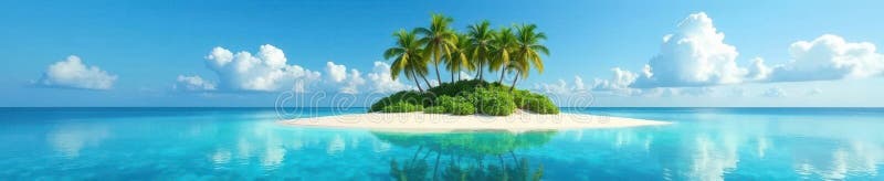 Small island, palms reflected in crystal clear sea, blue, scenery, calm stock illustration