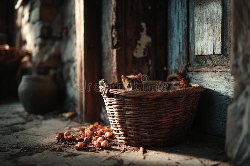 Small kitten peeking out of wicker basket in rustic barn or house setting royalty free stock image