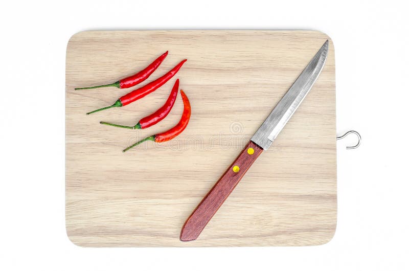 Small Knife Red Chilli Chopping Board Isolated White Stock Photos
