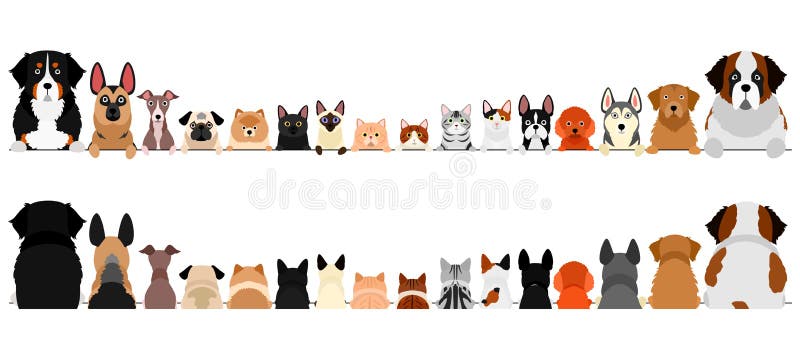 Small and large dogs and cats border set, upper body, front and back