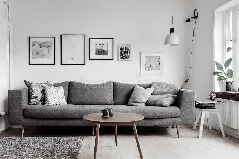 Small Living Room with Grey Scandinavianstyle Sofa. Stock Illustration