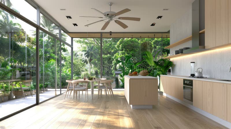 A Small Modern Kitchen Featuring a Low Ceiling Fan with Elegant Design ...
