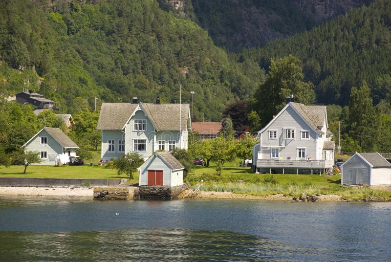 Small Norwegian Village on Hardangerfjord Stock Photo Image of water