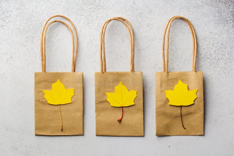 Small Paper Bags With Paper Craft Maple Leaves Autumn Sale Concept