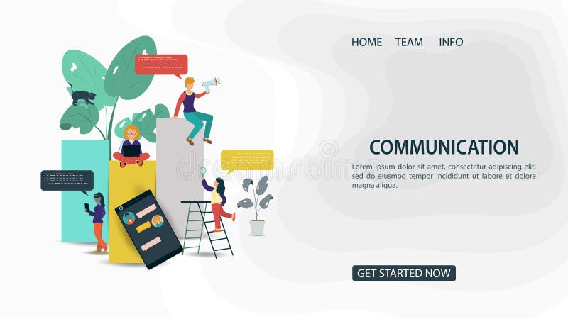 Small people men and women work and communicate via phone and laptop next to multicolored columns artificial intelligence Concept vector illustration