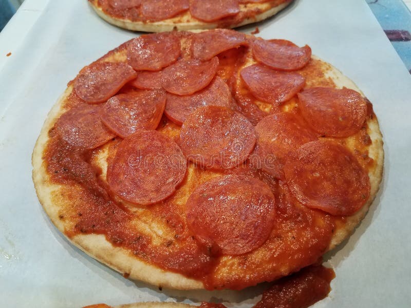 Small Pepperoni Pizza with Slices of Salami Meat Stock Image Image of