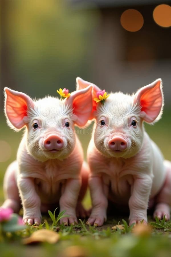 Small piglets with flower headbands, joyful gathering, flower headband piglets, animals, sweet vector illustration