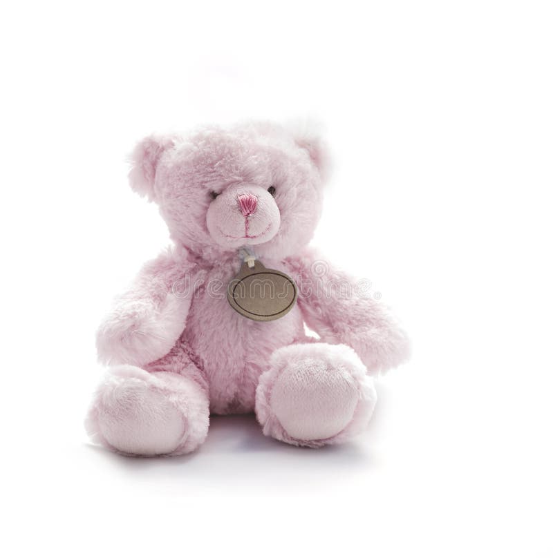 Small Pink Teddy Bear Toy on white background stock photos