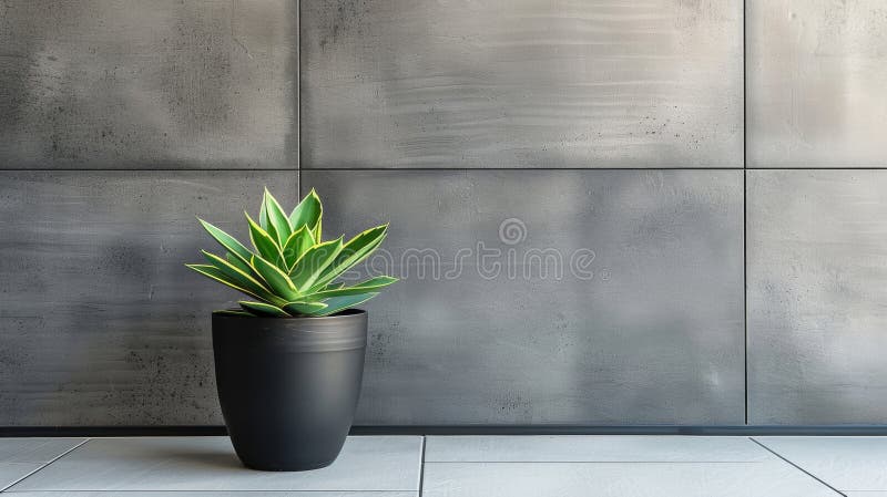 A small plant is sitting in a black pot on a grey wall. The plant is a cactus and is placed in the center of the pot AI generated