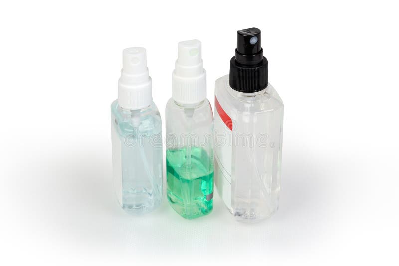 Two Small Plastic Bottles Different Antiseptics White Background