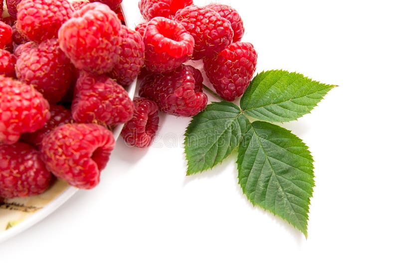 Small Plate with Ripe Raspberries and Green Leaf Isolated on White  Background Stock Photo - Image of juicy, healthy: 147852524