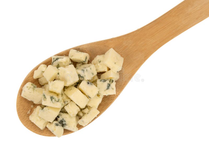 Small Portion of Crumbled Blue Cheese on a Wood Spoon on a White