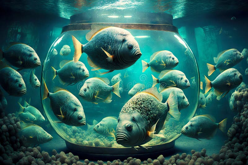 Small predatory piranhas in round aquarium under water of river, created with generative ai