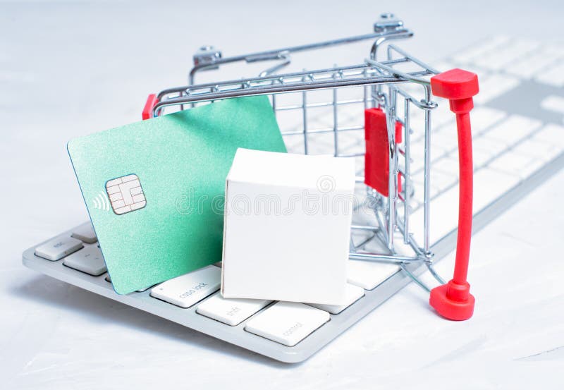 Small push cart with credit card and keyboard stock photo image of