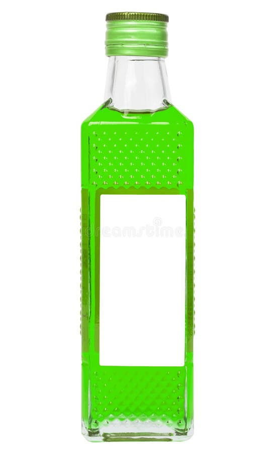 Small Rectangular Glass Bottle with Acid Green Liquid Isolated on White