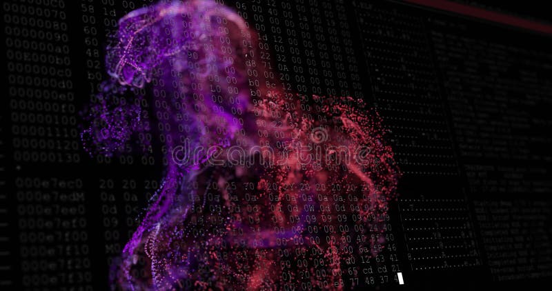 Small red cloud emerging sparking purple tendrils swirling upward data matrix, showing system boot stock footage