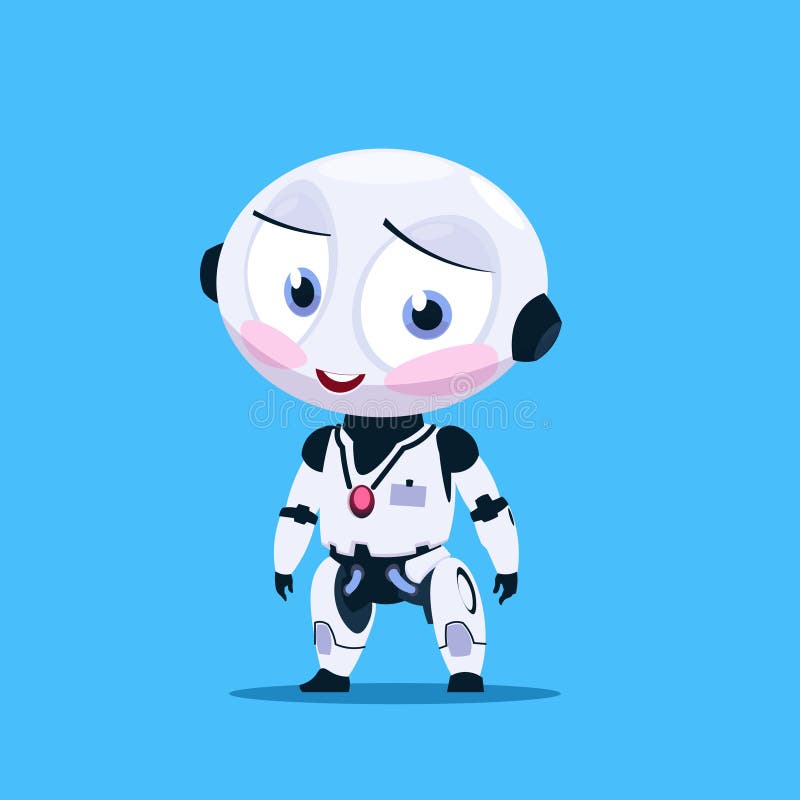 Small Robot Shy With Flashed Cheeks Isolated On Blue Background Icon royalty free illustration