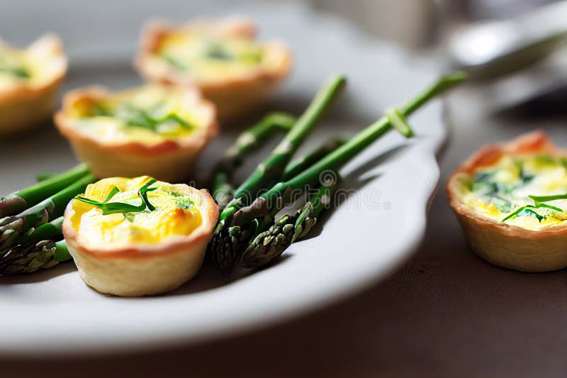 Small round asparagus tart decorated with leaves of greenery vector illustration