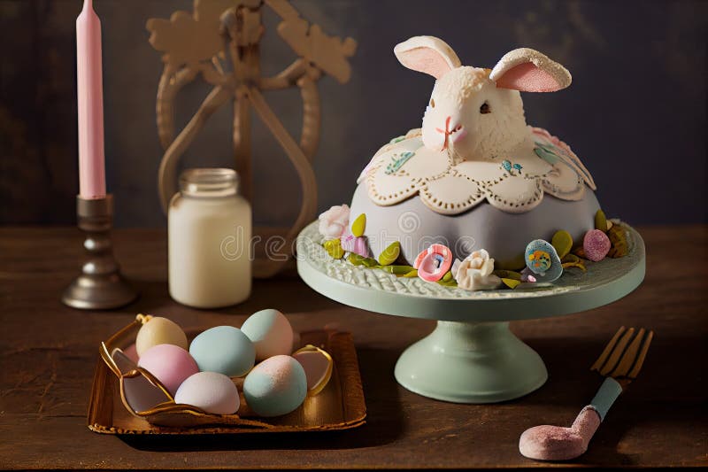 Small round bunny and egg on tray with pastel decorations in shape of easter lamb cake stock illustration