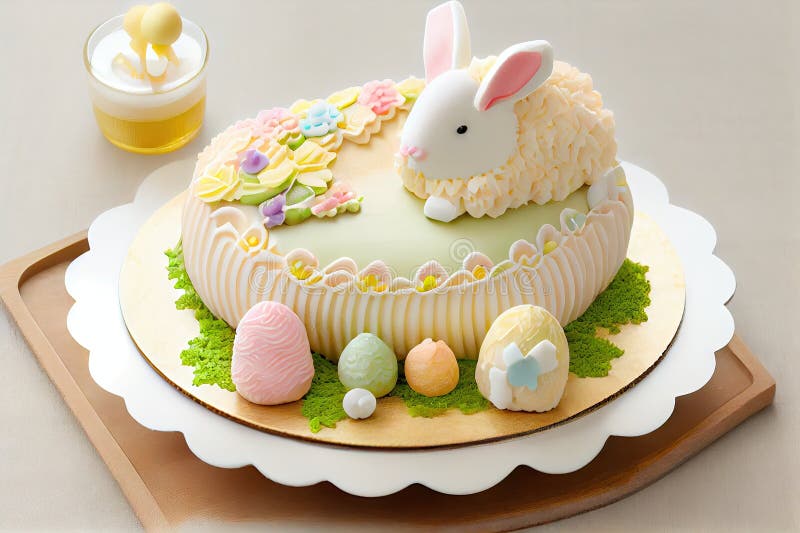 Small round bunny and egg on tray with pastel decorations in shape of easter lamb cake royalty free illustration