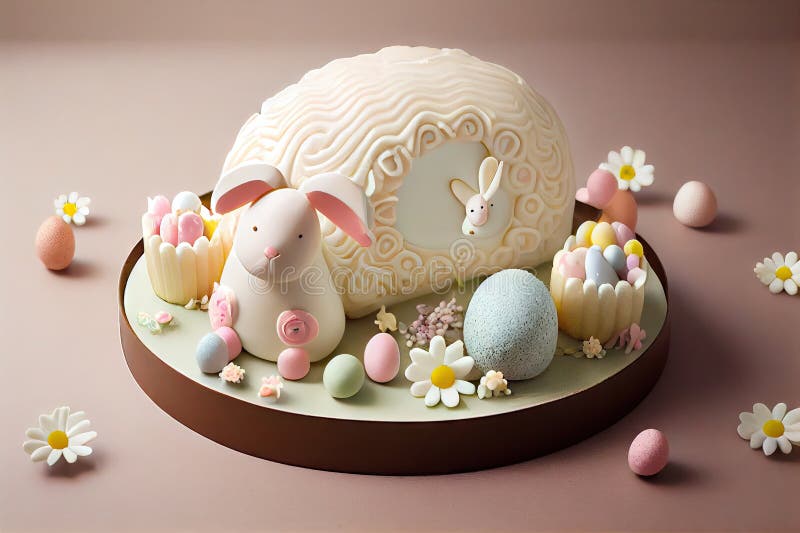 Small round bunny and egg on tray with pastel decorations in shape of easter lamb cake vector illustration