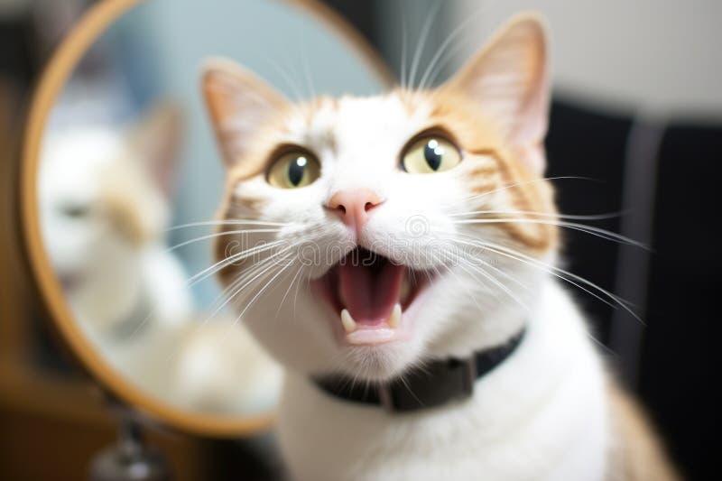 Small round mirror reflecting white teeth of a cat stock illustration