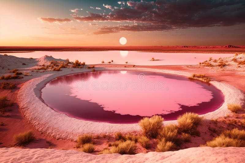 Small round pink desert lake in rays of setting sun royalty free illustration